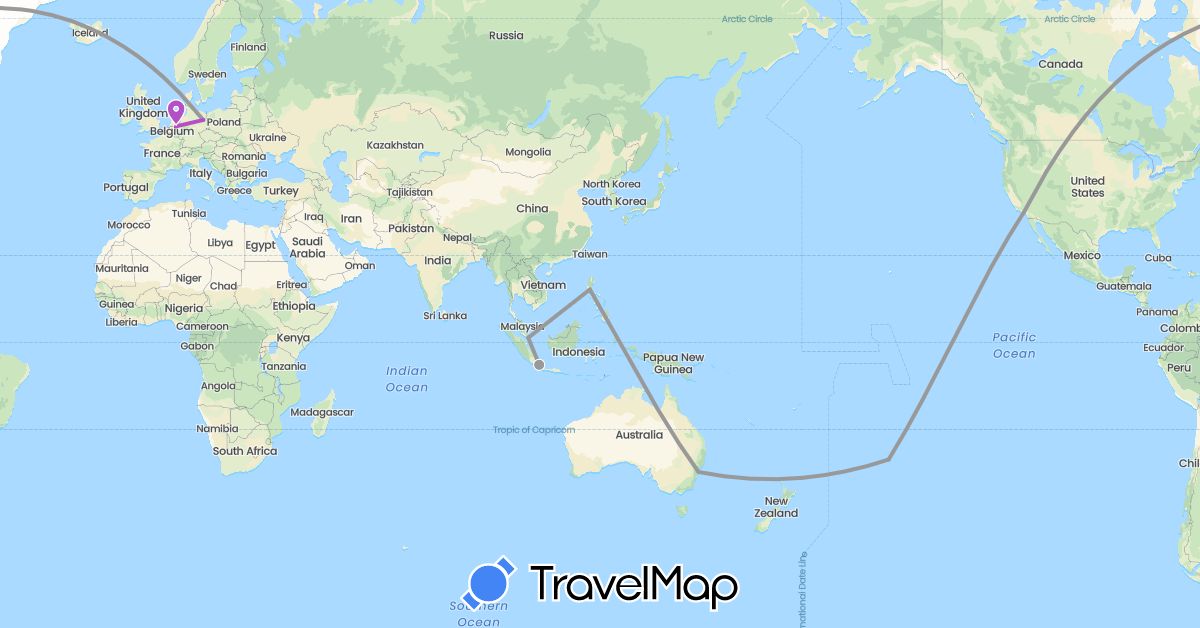 TravelMap itinerary: driving, plane, train in Australia, Germany, Indonesia, Netherlands, Philippines, Singapore, United States (Asia, Europe, North America, Oceania)